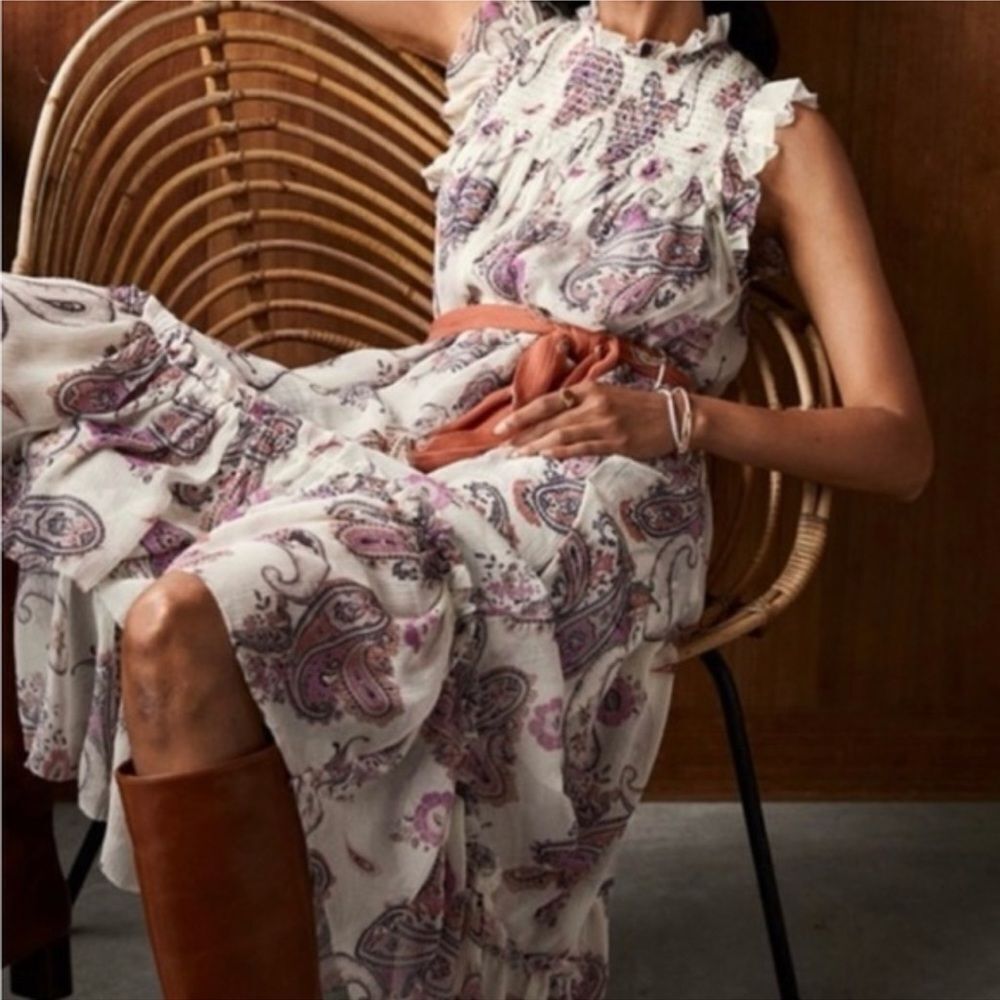 Boho Paisley Ruffle Maxi Dress in Lavender and White